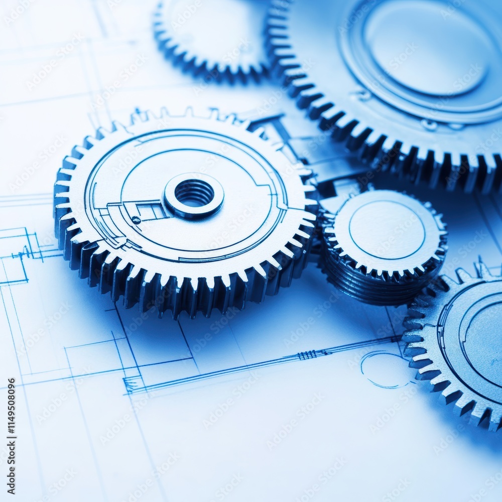 Mechanical engineering process gears and blueprints in an industrial environment Mechanical engineering process gears and blueprints in an industrial environment