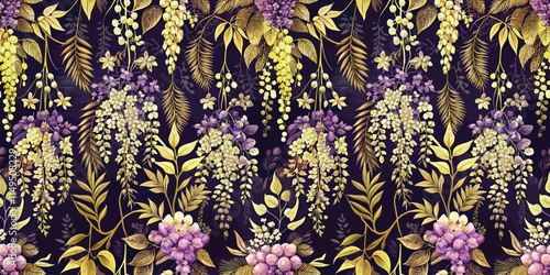 A vibrant floral pattern featuring cascading vines with grapes and blossoms in rich purple and gold tones.