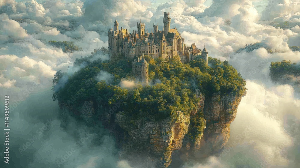 Castle perched atop forested, cloud-shrouded island. Castle perched atop forested, cloud-shrouded island.