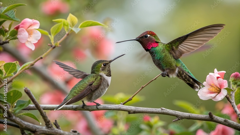 Fototapeta premium Two vibrant hummingbirds are perched on a branch amidst a blooming tree. 