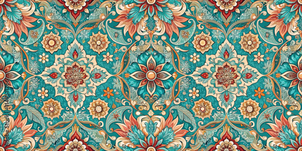 Intricate floral pattern in vibrant teal and warm tones, showcasing detailed designs and a harmonious aesthetic. Intricate floral pattern in vibrant teal and warm tones, showcasing detailed designs and a harmonious aesthetic.