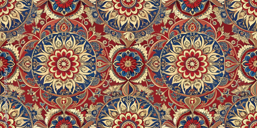 A vibrant floral pattern featuring intricate red, blue, and gold designs on a warm background. A vibrant floral pattern featuring intricate red, blue, and gold designs on a warm background.