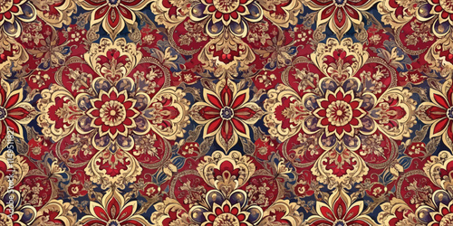 Ornate floral pattern in rich reds and golds, perfect for vintage-inspired designs.