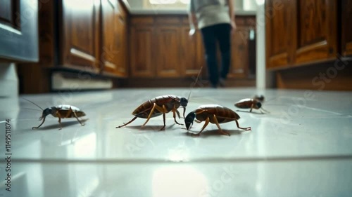 Close-up of cockroaches crawling on a tiled kitchen floor with wooden cabinets in the background