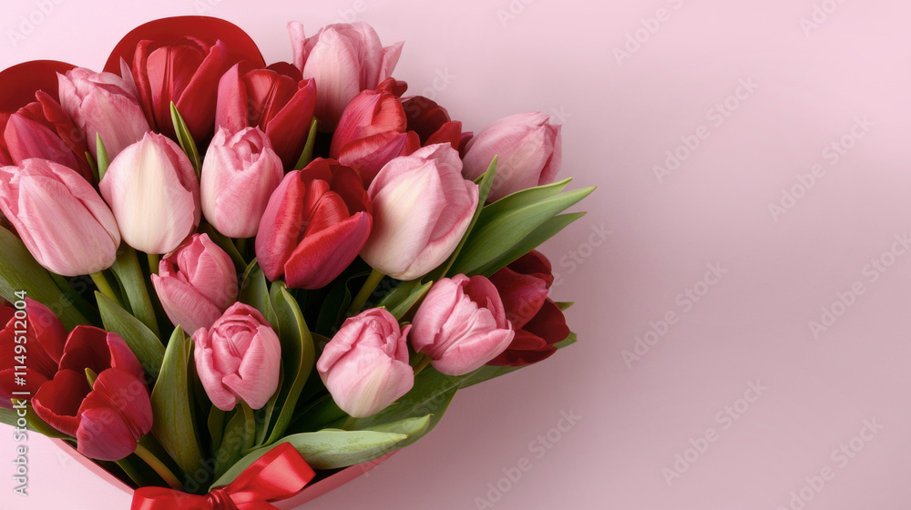 Elegant pink and red tulip bouquet on soft pink background with ribbon Elegant pink and red tulip bouquet on soft pink background with ribbon
