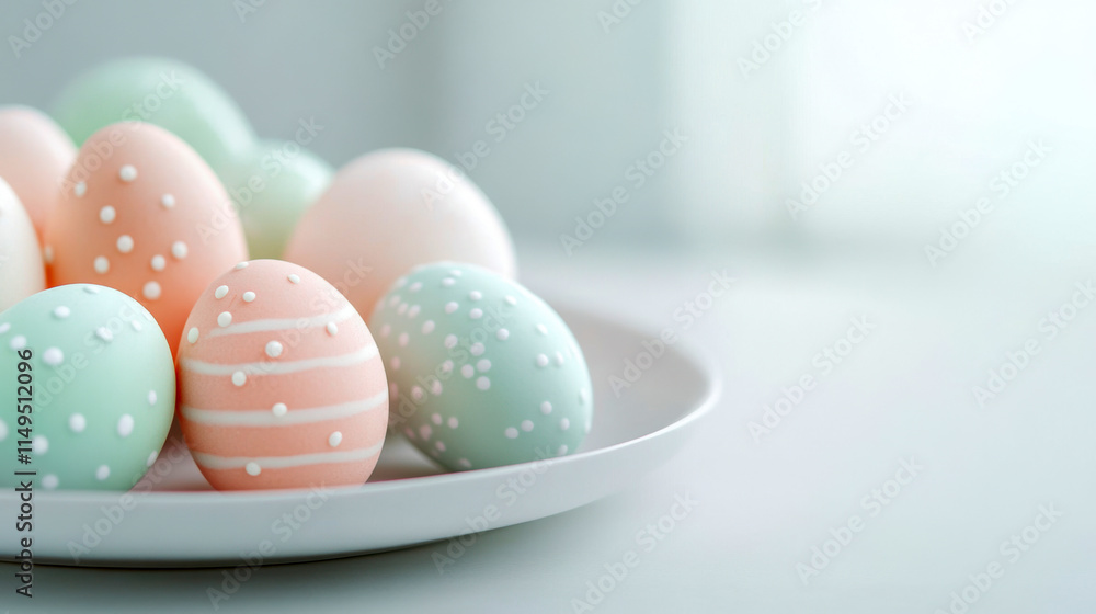 Pastel easter eggs with delicate patterns on a white plate Pastel easter eggs with delicate patterns on a white plate