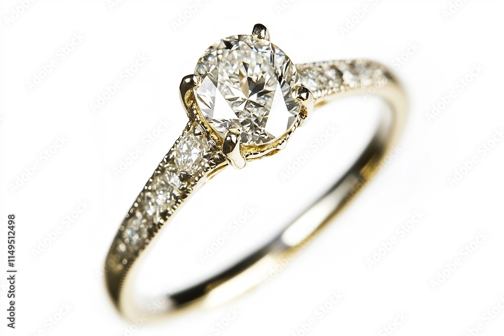 Exquisite Diamond Engagement Ring in Closeup on White Background Exquisite Diamond Engagement Ring in Closeup on White Background
