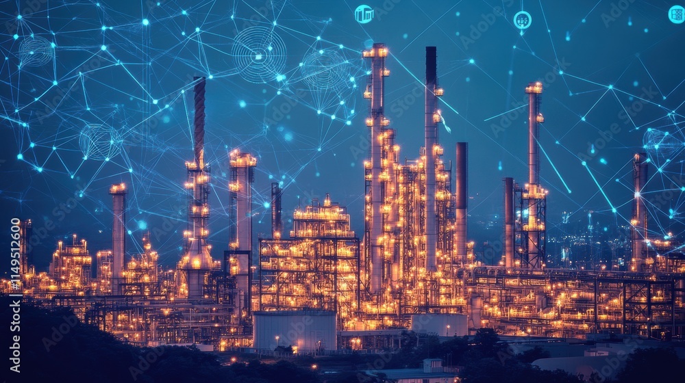 Fototapeta premium Modern factory, communication network. Telecommunication. IoT, Internet of Things, ICT, Information communication Technology,. Smart factory. Digital transformation, cloud connecting,