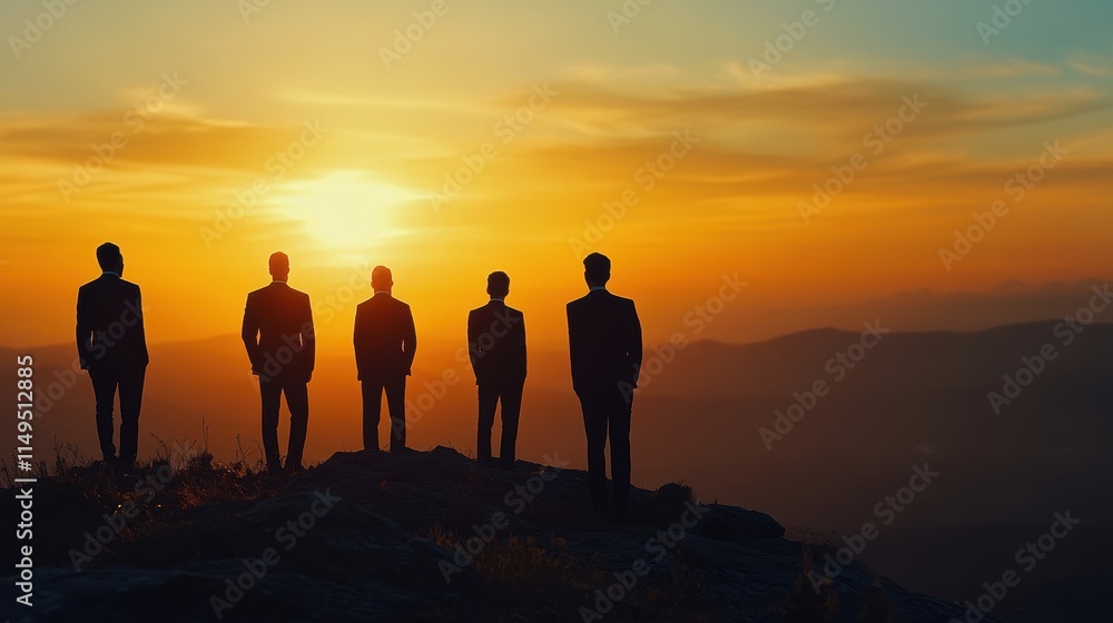Fototapeta premium Silhouette of business team stand and feel happy on the most hight at stand on sunset, success, leader, teamwork, target, Aim, confident, achievement, goal, on plan, finish
