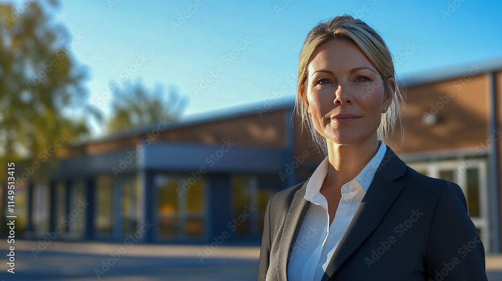 Confident adult caucasian female in business suit standing outdoors in sunny setting Confident adult caucasian female in business suit standing outdoors in sunny setting