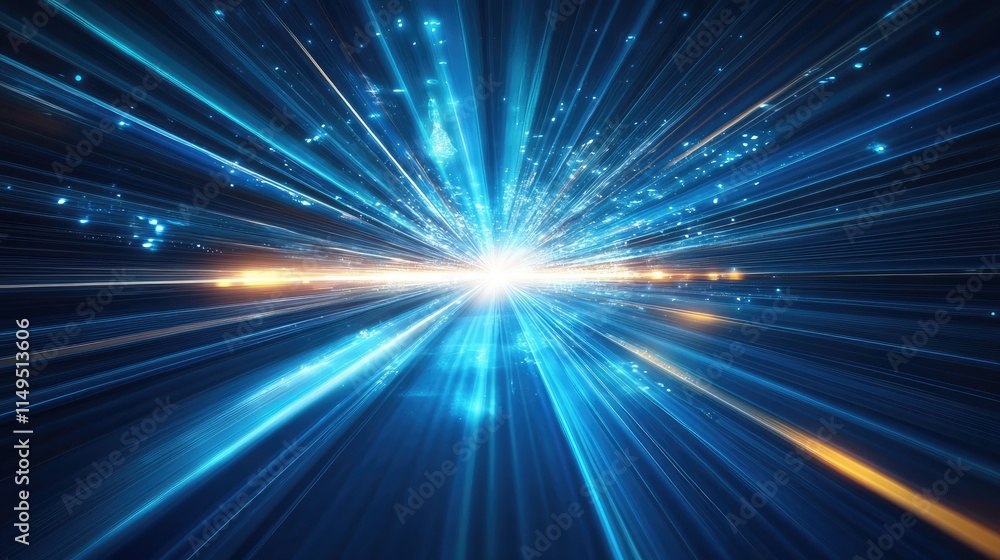 Vector Abstract, science, futuristic, energy technology concept. Digital image of light rays, stripes lines with blue light, speed and motion blur over dark blue background