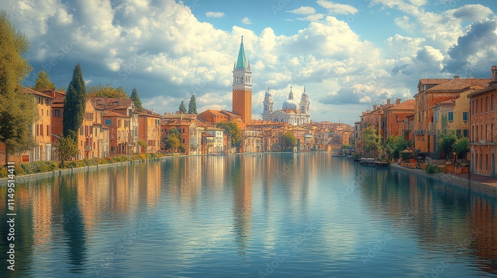 Obraz premium Canal-side buildings, church, bell tower, reflections.