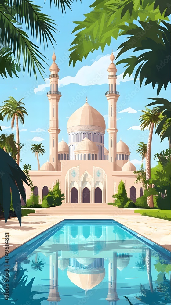 Naklejka premium luxurious and magnificent mosque building, with a large and beautiful garden