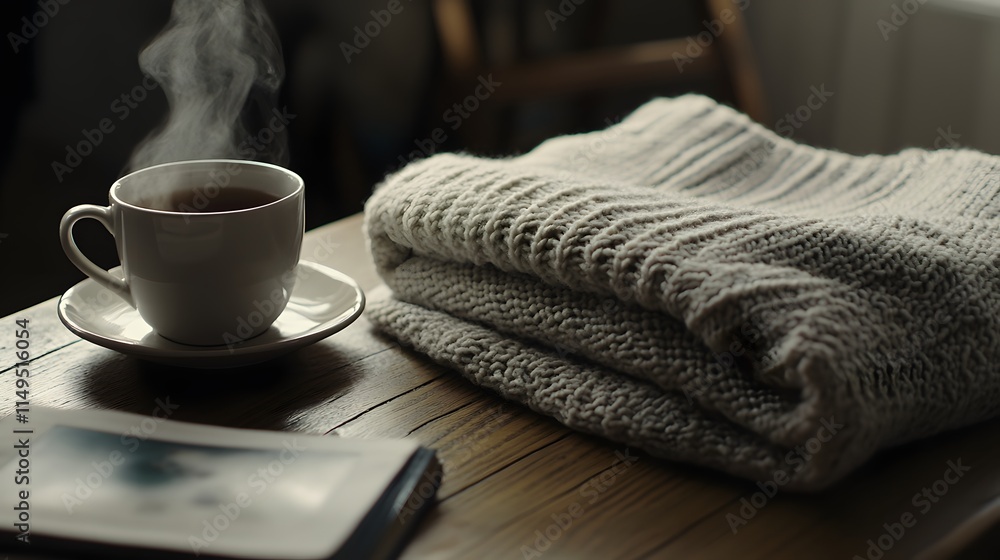 Cozy knitted sweater neatly folded on a wooden table beside a steaming cup of coffee in a relaxing setting Cozy knitted sweater neatly folded on a wooden table beside a steaming cup of coffee in a relaxing setting