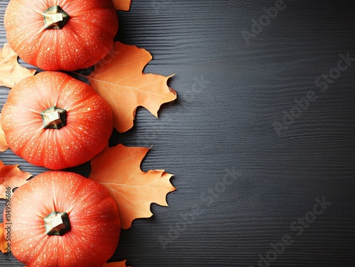 Autumn Harvest- Three Pumpkins with Fall Leaves on Dark Wood photo