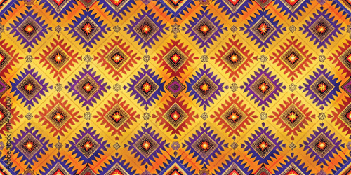 Vibrant geometric pattern in orange, purple, and gold hues, showcasing intricate diamond shapes and cultural motifs.