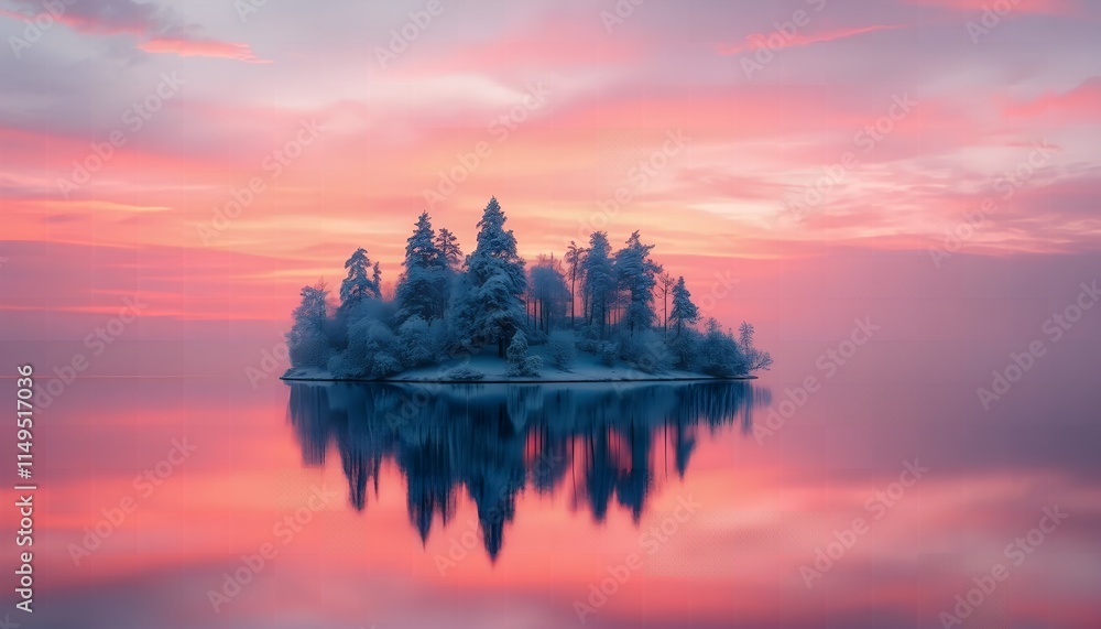 Obraz premium A snow-covered island with frosted trees is reflected in calm water under a vibrant pink and orange sky at sunrise. The peaceful winter creating a serene and captivating atmosphere