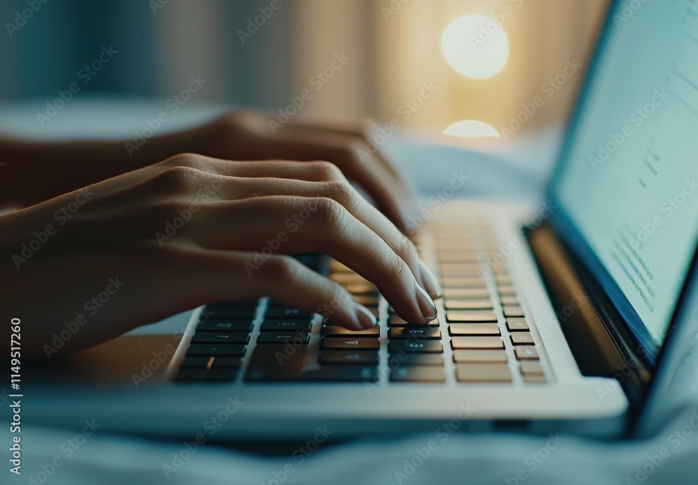 Person Typing on Laptop in Soft Lighting with Blurred Background Person Typing on Laptop in Soft Lighting with Blurred Background