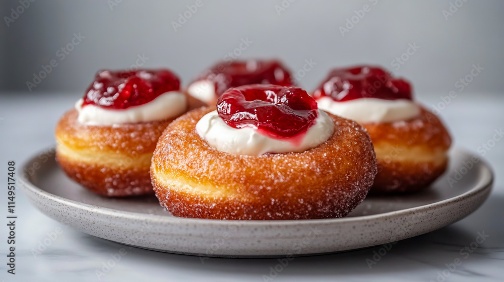 Delicious jelly-filled donuts with sugar and cream topping on ceramic plate Delicious jelly-filled donuts with sugar and cream topping on ceramic plate