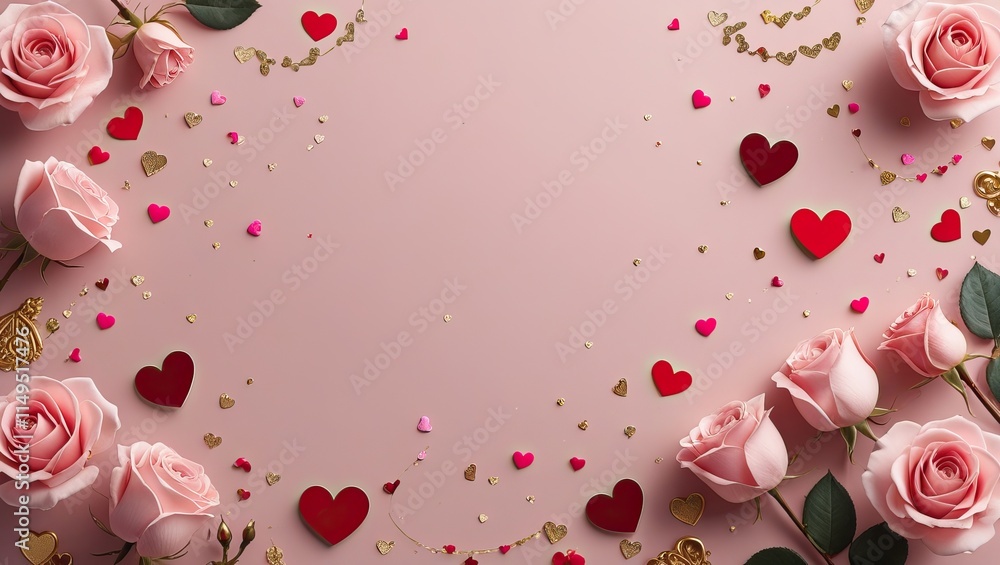 Elegant pink roses are arranged with red and gold hearts on a soft pastel background. Ideal for celebrating valentine day, greeting card, social media content, and background Elegant pink roses are arranged with red and gold hearts on a soft pastel background. Ideal for celebrating valentine day, greeting card, social media content, and background