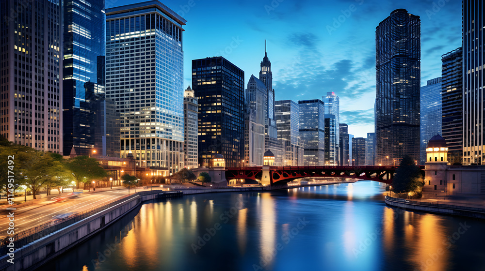 Fototapeta premium Twilight Inception: A timeless Symphony of an Urban Metropolis Bathed In the Glow of Dusk