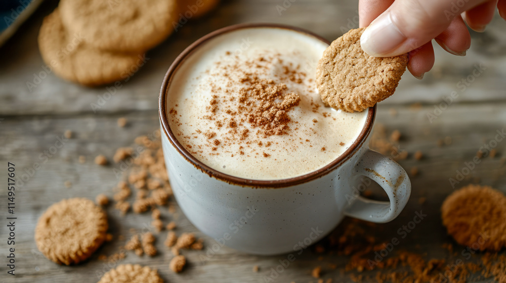 Creamy coffee with oat cookies on rustic wooden table Creamy coffee with oat cookies on rustic wooden table