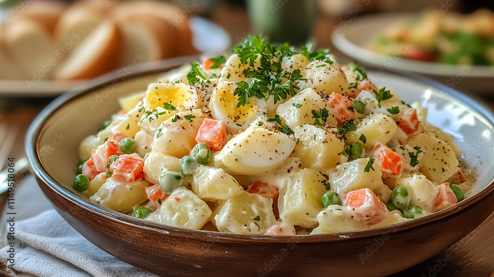 Creamy potato salad with carrots, peas, and herbs in a rustic bowl Creamy potato salad with carrots, peas, and herbs in a rustic bowl