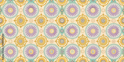 A vibrant floral pattern featuring circular motifs in purple, yellow, and turquoise on a cream background.
