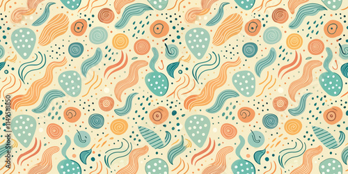An abstract pattern featuring wavy shapes in teal, orange, and cream, creating a lively and playful design for various applications.