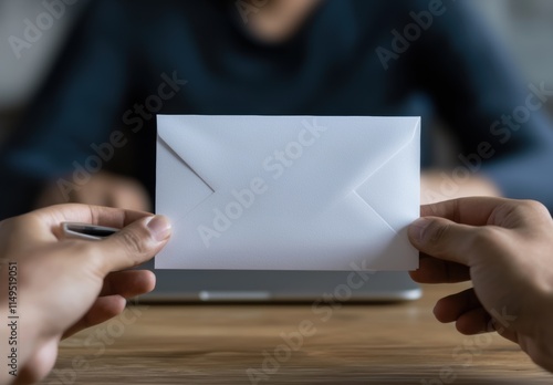 Close-Up of Hands Holding an Envelope Over a Desk with Laptop photo