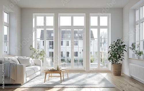 Bright, minimalist living room with large windows, white sofa, wooden coffee table, and potted plants. Sunlight streams through the windows, illuminating the room.