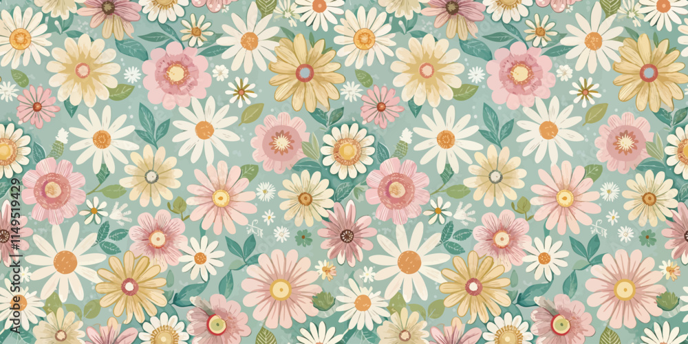 custom made wallpaper toronto digitalA vibrant floral pattern featuring assorted daisies in pastel hues on a soft blue background.