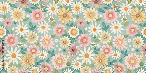 Wallpaper Mural A vibrant floral pattern featuring assorted daisies in pastel hues on a soft blue background. Torontodigital.ca