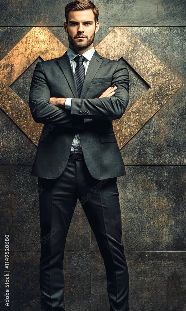 Confident businessman in a sharp dark suit standing against a textured wall. Confident businessman in a sharp dark suit standing against a textured wall.