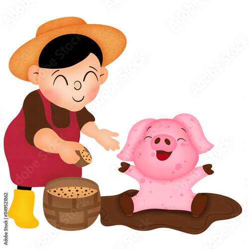 Woman feeding pigs 