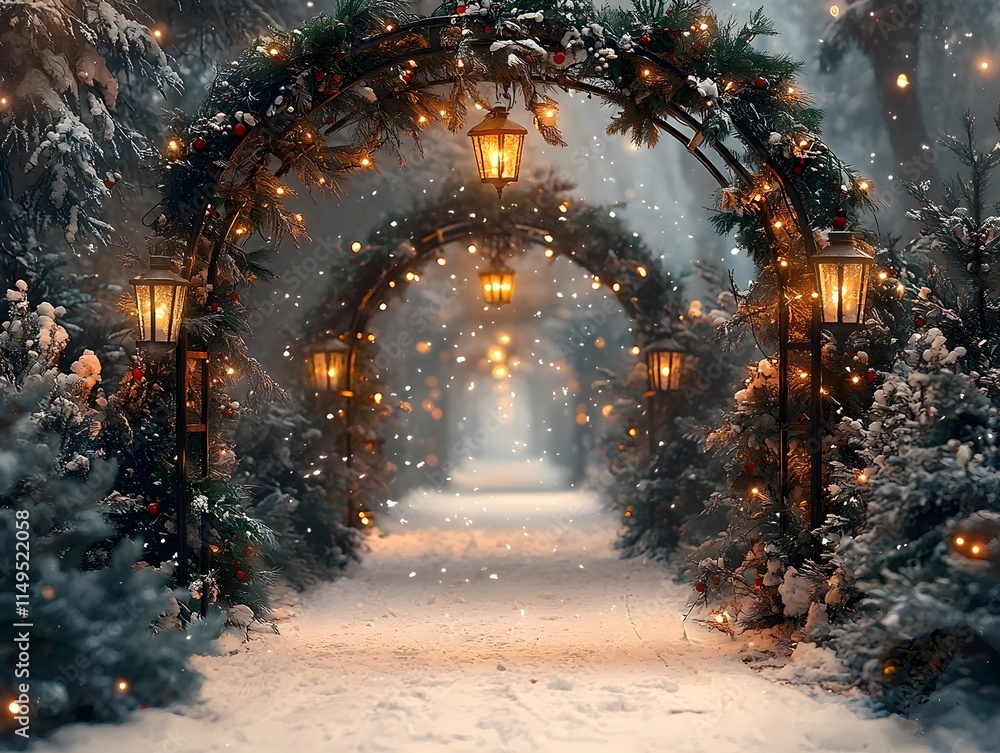 Fototapeta premium Whimsical winter arch decorated with lanterns, misty snowflakes, and lush greenery