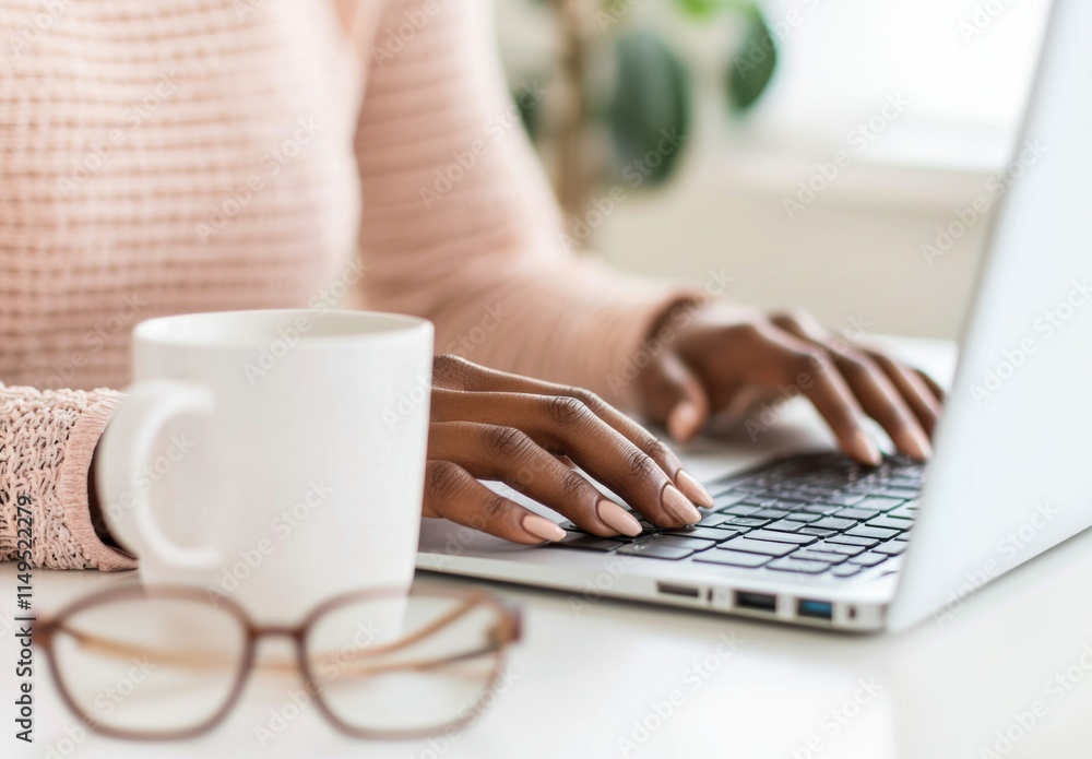 Woman Using Laptop at Home with Coffee and Glasses on Table Woman Using Laptop at Home with Coffee and Glasses on Table
