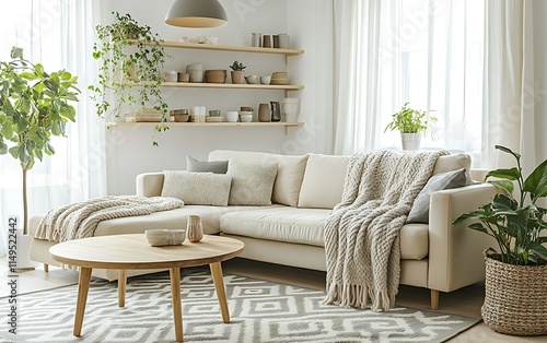 Cozy living room with beige sectional sofa, wooden coffee table, plants, and knit throw blanket.