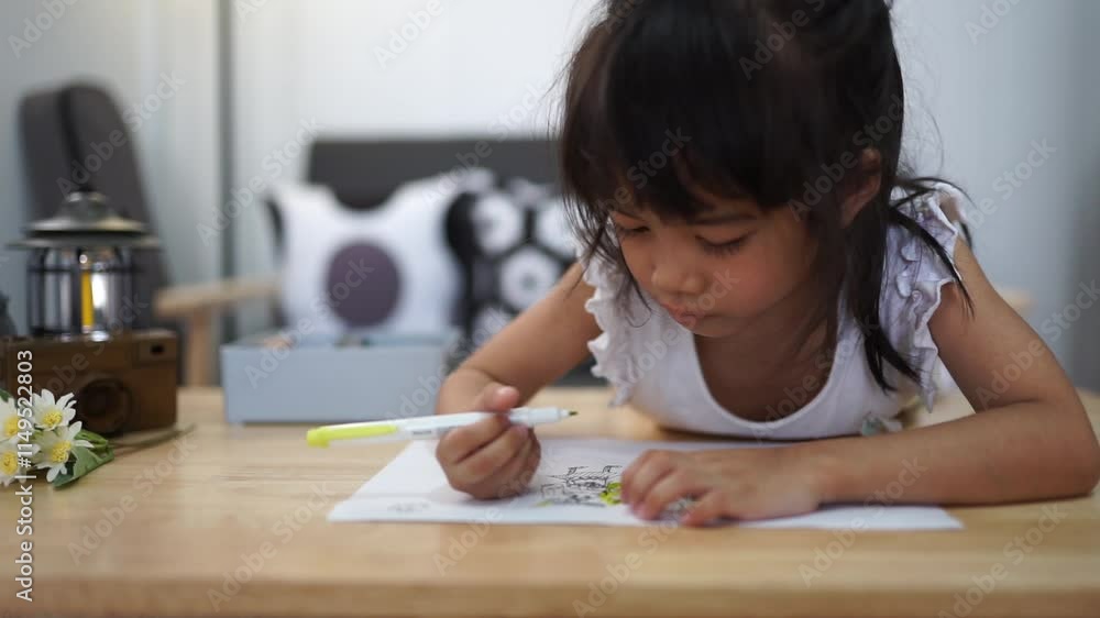 Child drawing with pencils and chalk on the floor at home while studying and playing Child drawing with pencils and chalk on the floor at home while studying and playing