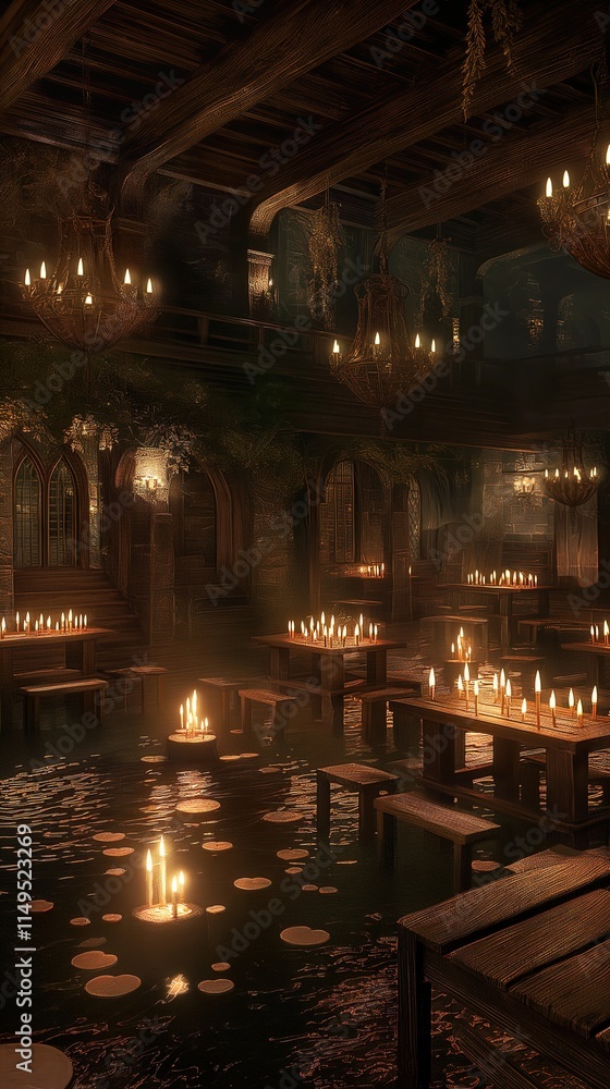 Obraz premium A dimly lit, atmospheric interior of an ancient hall featuring floating candles on a reflective surface, surrounded by wooden tables. The warm glow of chandeliers contrasts with the dark wooden beams 