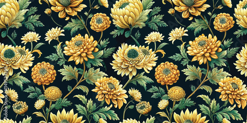 Bright yellow floral pattern with intricate details on a dark green background, evoking a sense of elegance and warmth.