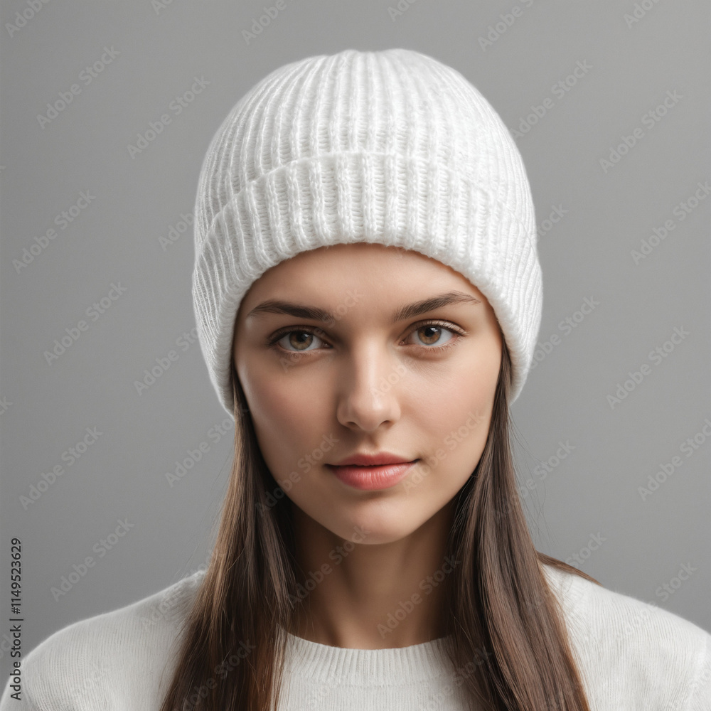 Portrait of a woman with a white beanie, showcasing a warm and inviting expression against a neutral background, Ai generated images Portrait of a woman with a white beanie, showcasing a warm and inviting expression against a neutral background, Ai generated images