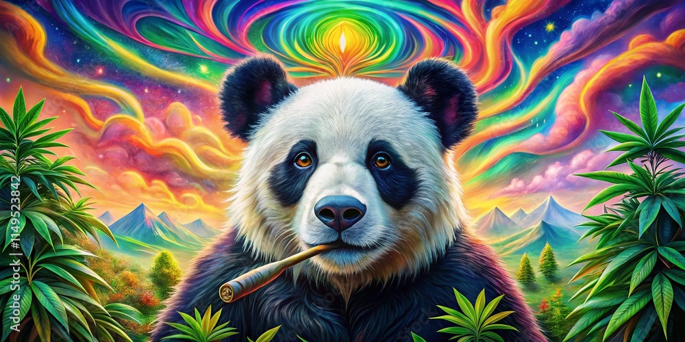 Fototapeta Psychedelic Panda Smoking Marijuana: Colorful Landscape