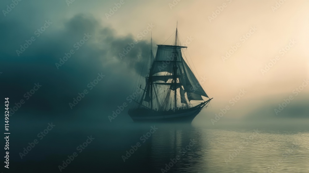 Fototapeta premium Vintage Frigate sailing into a fog bank