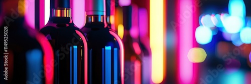 Closeup of wine bottles on display, with a blurry purple neon light background