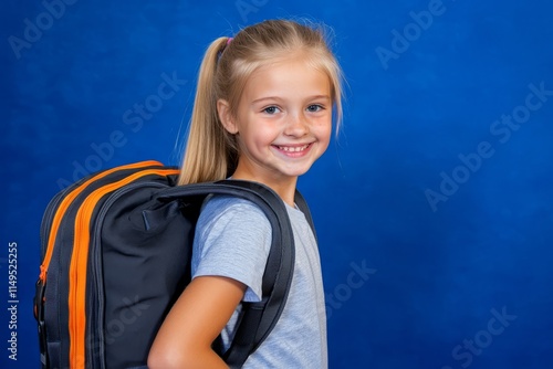 Happy students.     The cheerful girl smiles at the camera as she stands with...