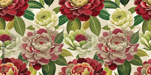 Vibrant floral pattern featuring large, bold red and green flowers, creating a lush, decorative look.