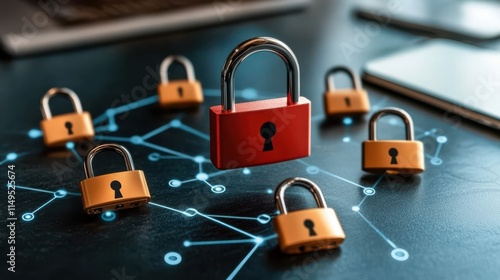 Secure network concept with multiple padlocks on digital connections, symbolizing cybersecurity, data protection, and privacy assurance. photo