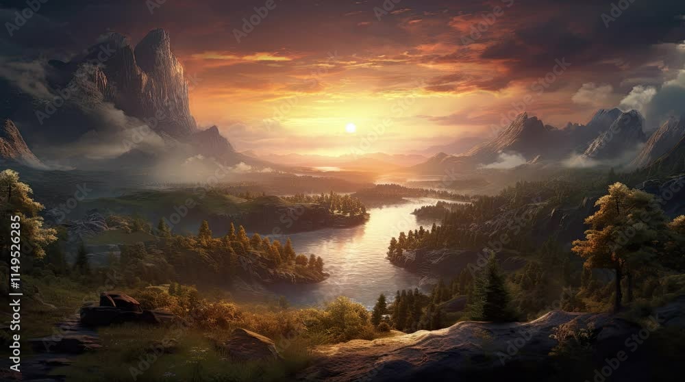 A natural scenery, a dense forest, cliffs, a flowing river, in the evening. 4k animated video