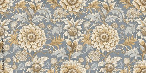 Elegant floral pattern featuring cream and gold flowers on a soft blue background.